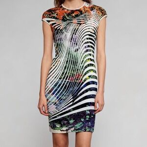 Clover Canyon Neoprene Bodycon Dress Ribbon Landscape Cap Sleeve size Small